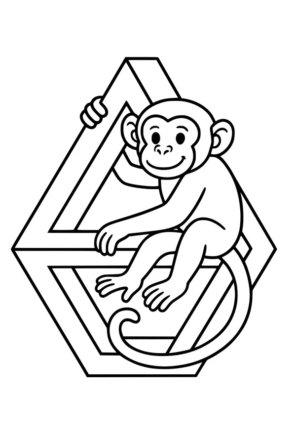 Free Monkey Coloring Page - Playful Monkey on Geometric Triangle (Printable PDF)