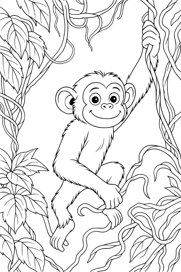 Free Monkey Coloring Page - Happy Jungle Vine Swing (Printable PDF)