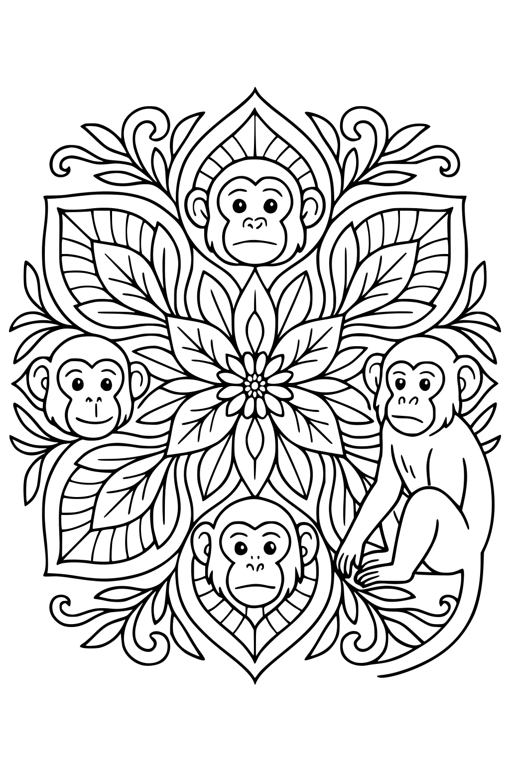 Four monkey faces and one sitting monkey surrounded by large leaves and a central flower pattern in a symmetrical design.