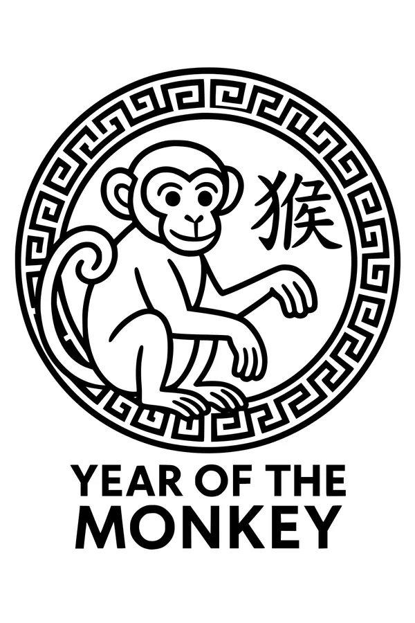 Free Monkey Coloring Page - Year of the Monkey Zodiac Design (Printable PDF)
