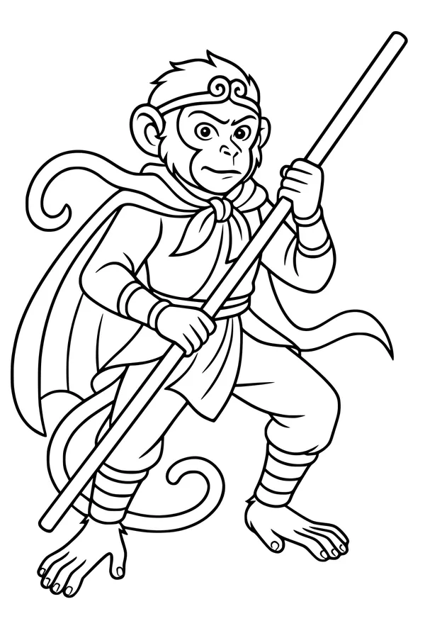 Free Monkey Coloring Page - Superhero Monkey With Magic Staff (Printable PDF)