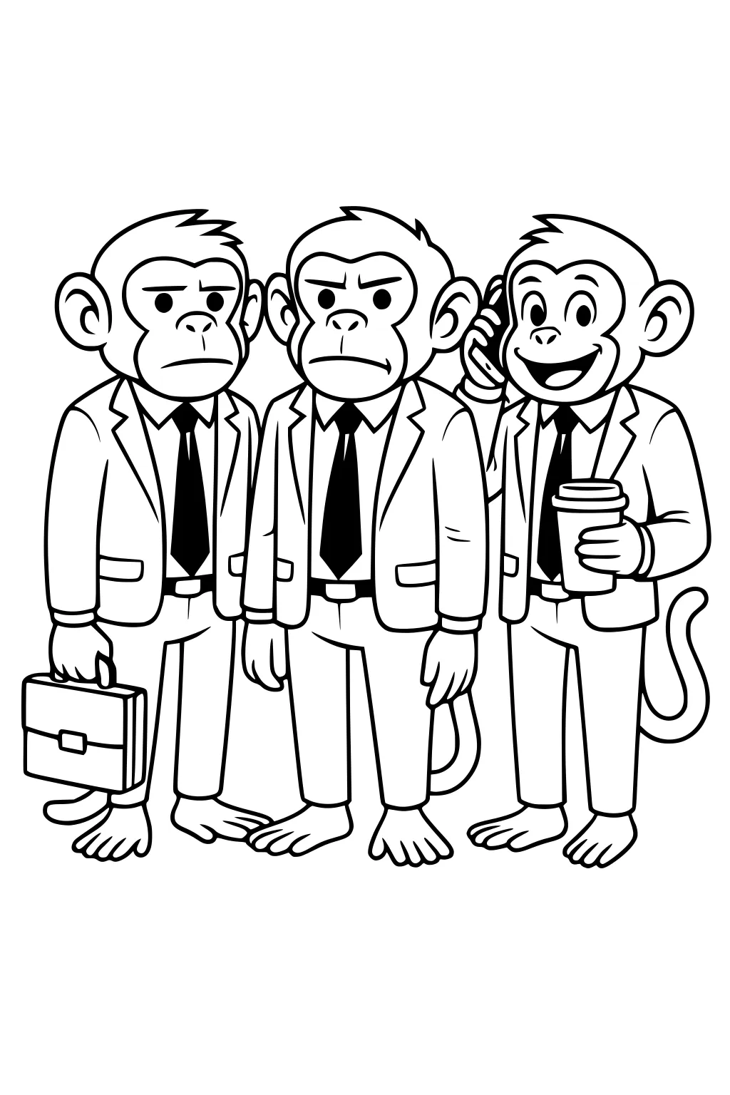 Three monkeys in suits, one with a briefcase, one with a coffee cup, and one talking on a phone.