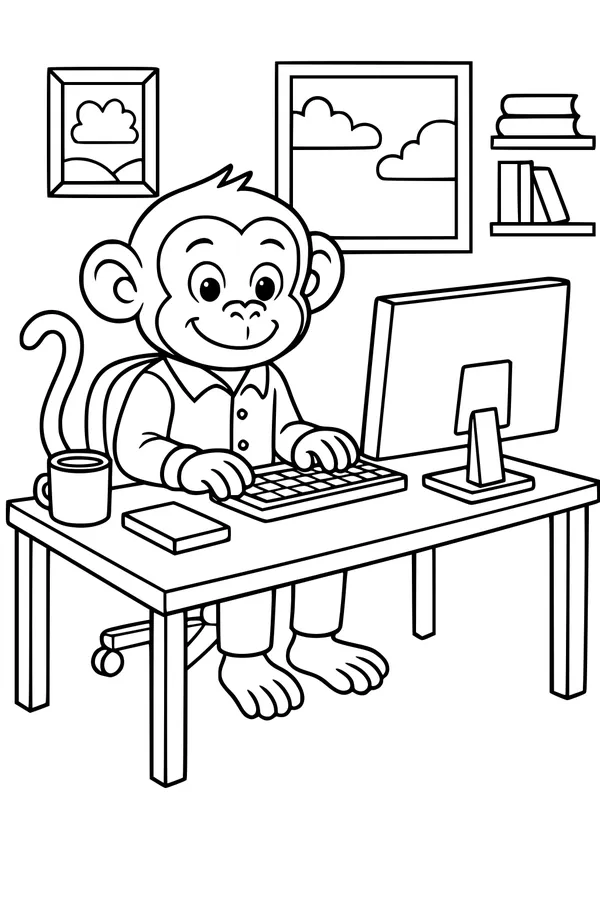 Free Monkey Coloring Page - Silly Office Desk Scene (Printable PDF)