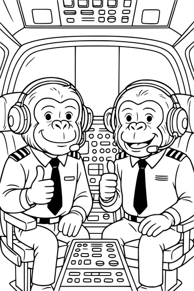 Free Monkey Coloring Page - Pilot Monkeys in Airplane Cockpit (Printable PDF)