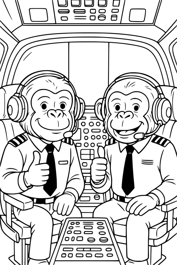 Free Monkey Coloring Page - Pilot Monkeys in Airplane Cockpit (Printable PDF)