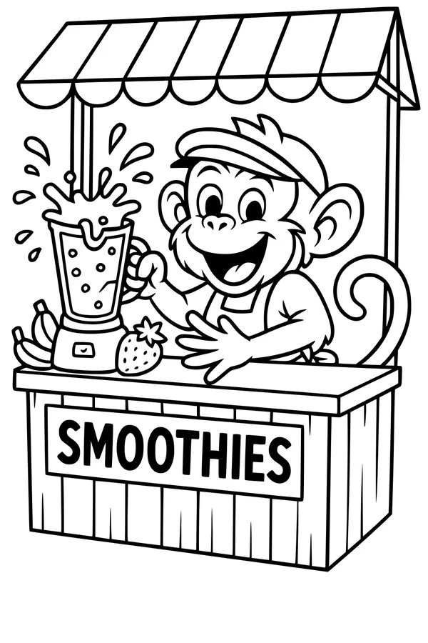Free Monkey Coloring Page - Silly Smoothie Stand Scene (Printable PDF)