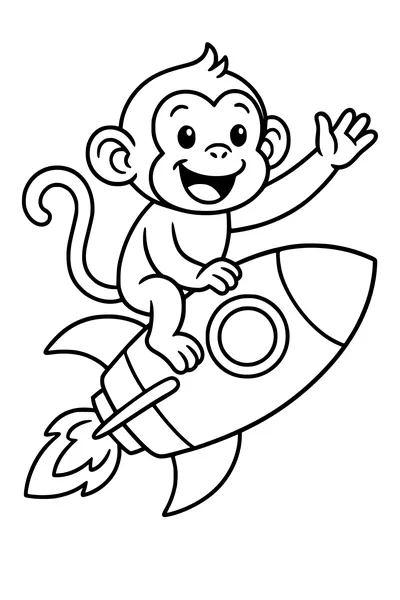 Free Monkey Coloring Page - Smiling Space Monkey on Rocket Ship (Printable PDF)