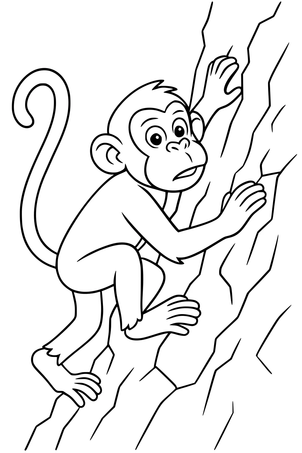 Young monkey with a curly tail climbing a tree trunk, looking back with wide eyes and gripping branches with all four limbs.