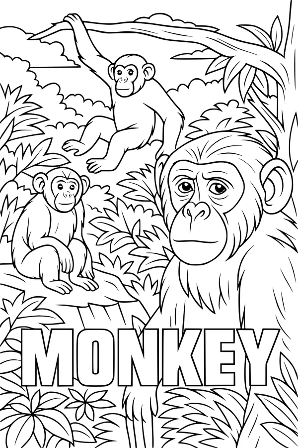 Free Monkey Coloring Page - Three Playful Monkeys in the Jungle (Printable PDF)