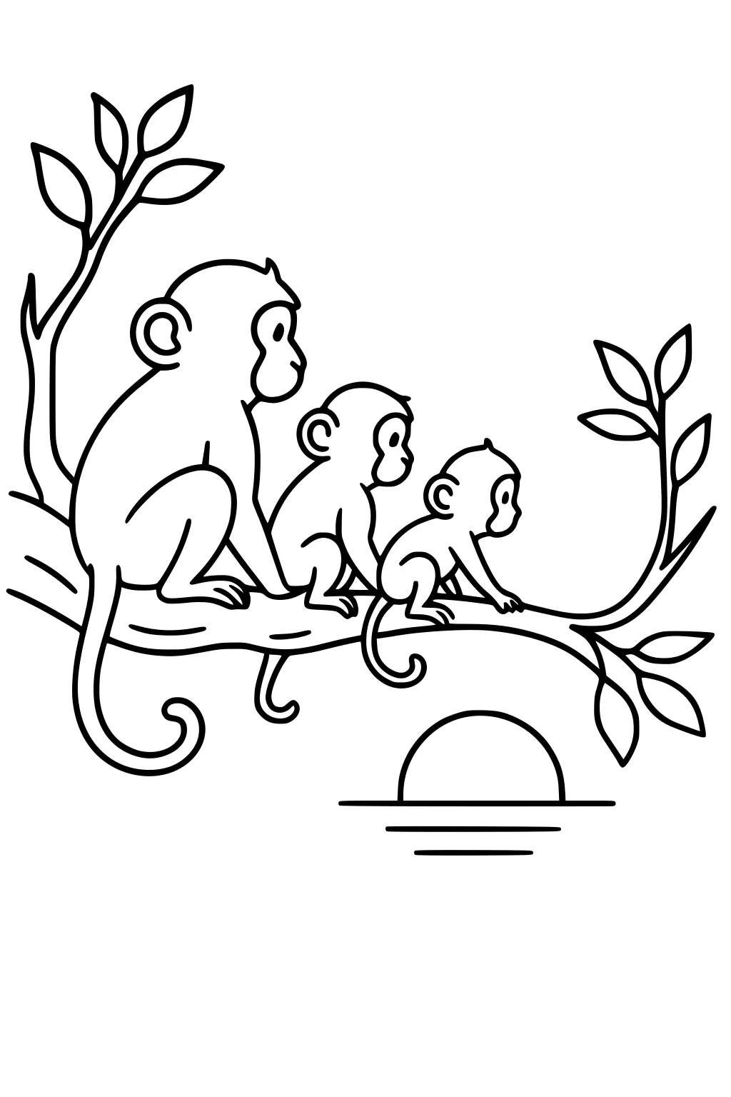 Three monkeys on a leafy tree branch gazing at a sunset over water with simple outlines.