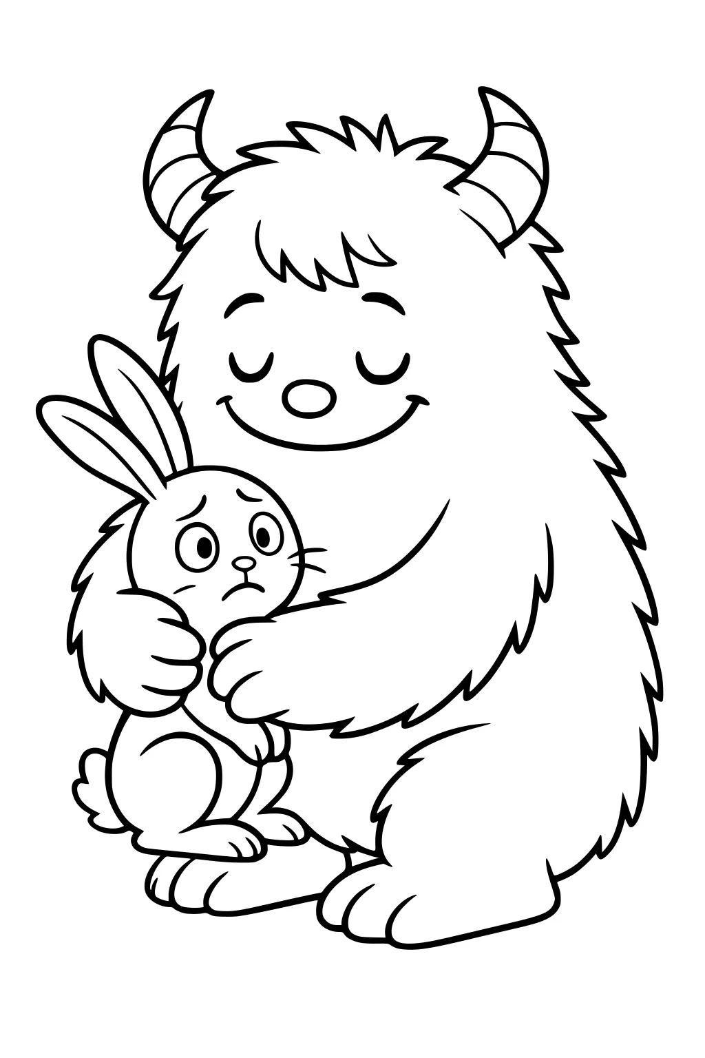Fluffy horned monster hugs a worried bunny, eyes closed, big paws on her cheeks; simple cartoon lines on white.