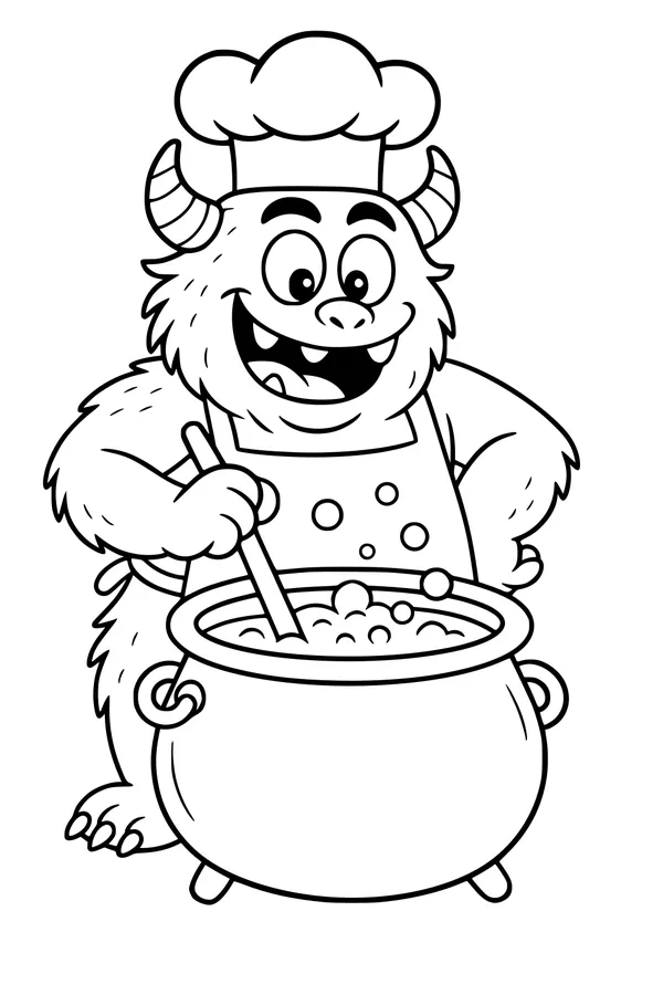Free Monster Chef Coloring Page - Furry Cook Stirring a Bubbly Cauldron (Printable PDF)