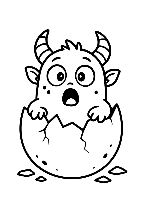 Free Baby Monster Coloring Page - Big-Eyed Hatchling in Cracked Egg (Printable PDF)