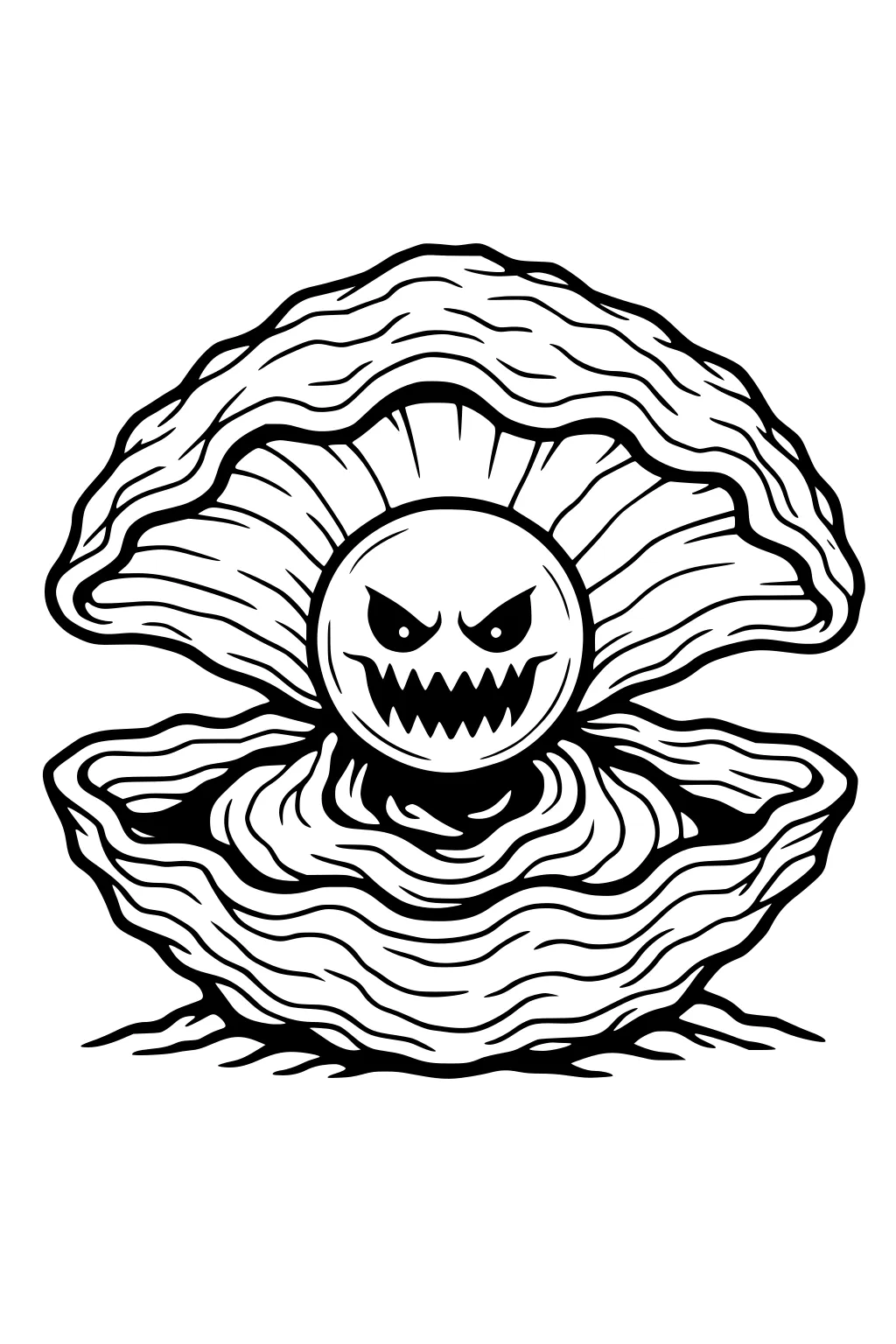 Open giant clam with layered ruffled shells holding a round pearl with angry eyes and jagged teeth; bold black outlines on a blank background.
