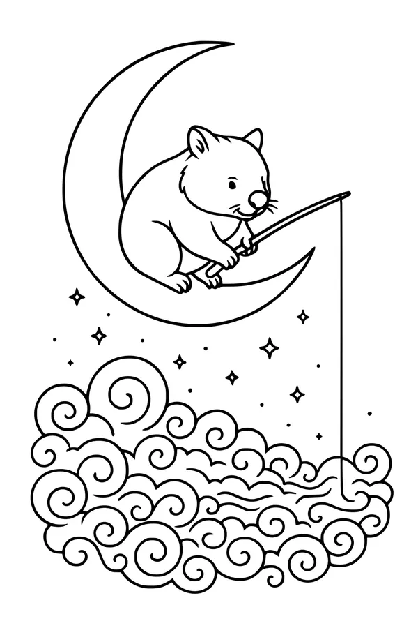 Free Wombat Coloring Page - Moon-Fishing Night Sky Scene (Printable PDF)