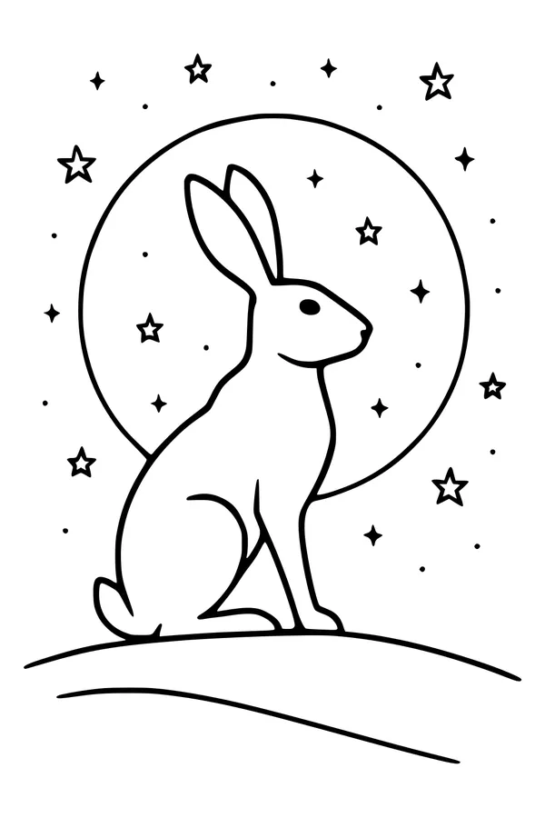 Free Hare Coloring Page - Moonlit Hilltop Night Scene (Printable PDF)