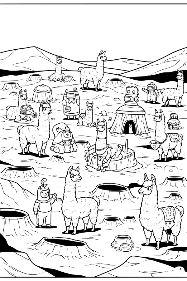 Free Llama Coloring Page - Space Llamas With Robots on the Moon (Printable PDF)