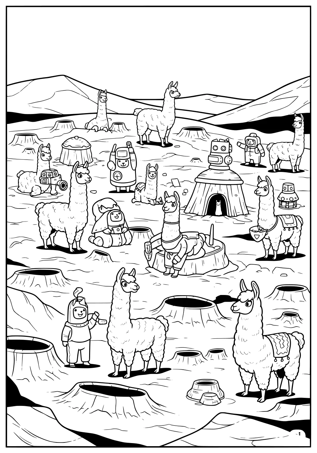 Several llamas and robots on a cratered moon landscape, with astronaut kids and moon houses in the background.