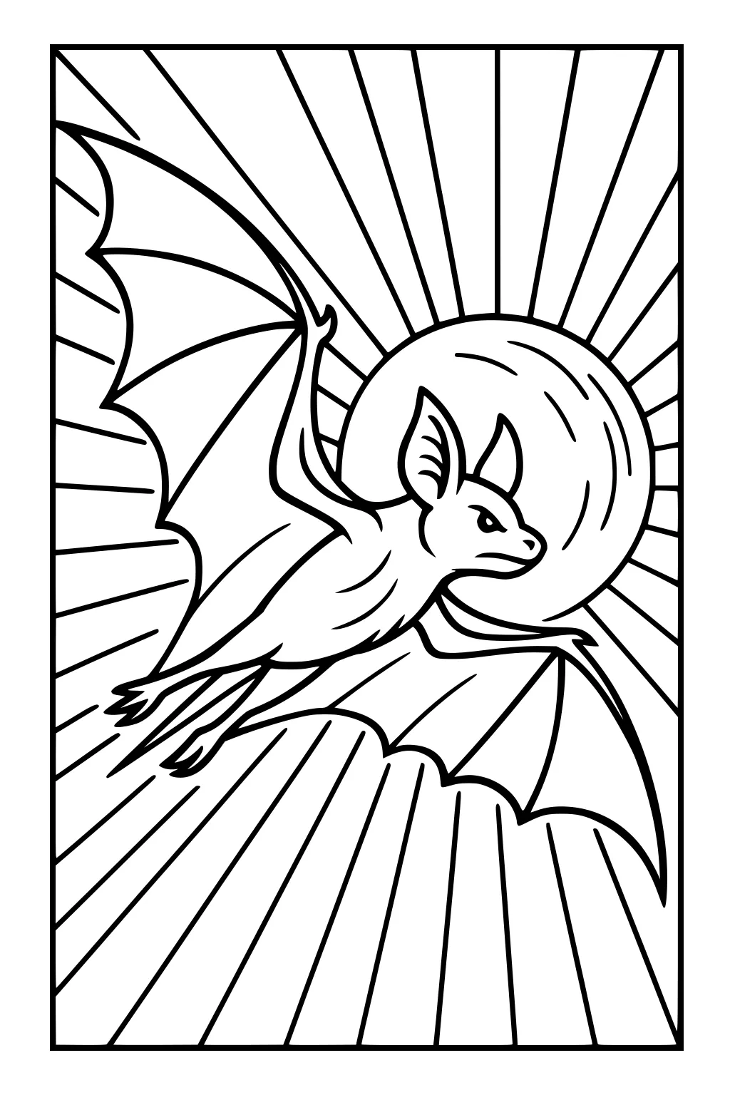 A bat with wide wings flies in front of a big full moon with radiating lines in the background.