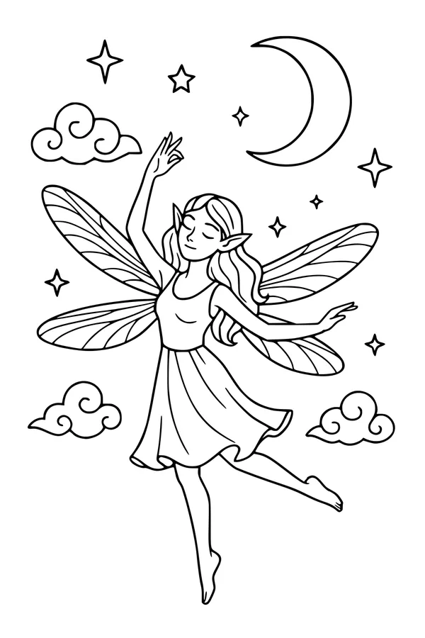 Free Fairy Coloring Page - Moonlight Dance in the Night Sky (Printable PDF)