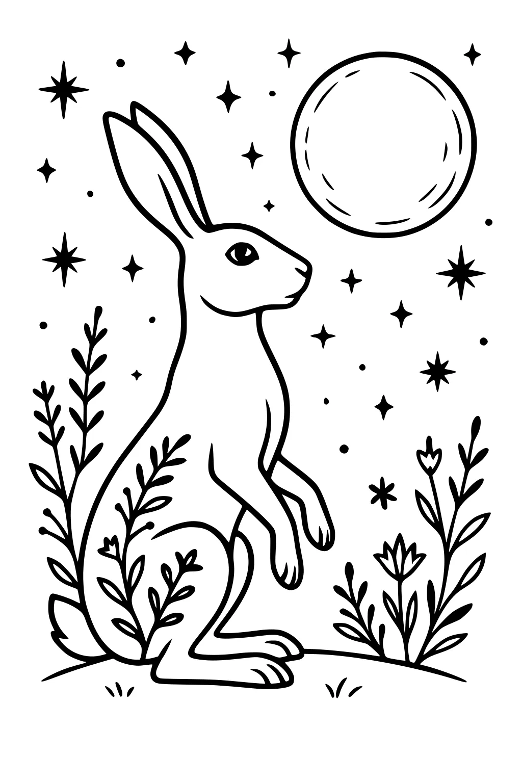 Hare sitting on a hill under the moon with stars, wildflowers, and plants all around.