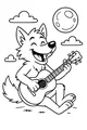 Free Wolf Coloring Page - Cartoon Wolf Playing Guitar Under the Moon (Printable PDF)