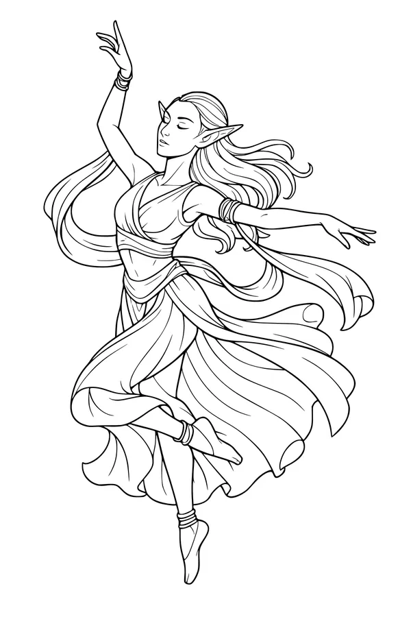 Free Elf Girl Coloring Page - Graceful Moonlit Dance (Printable PDF)