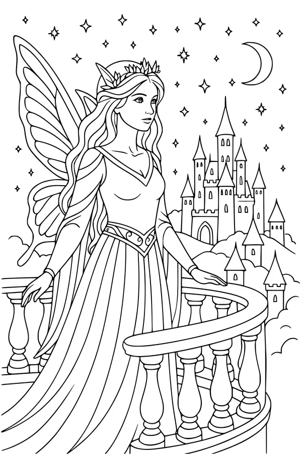 Free Fairy Coloring Page - Moonlit Balcony Castle Scene (Printable PDF)