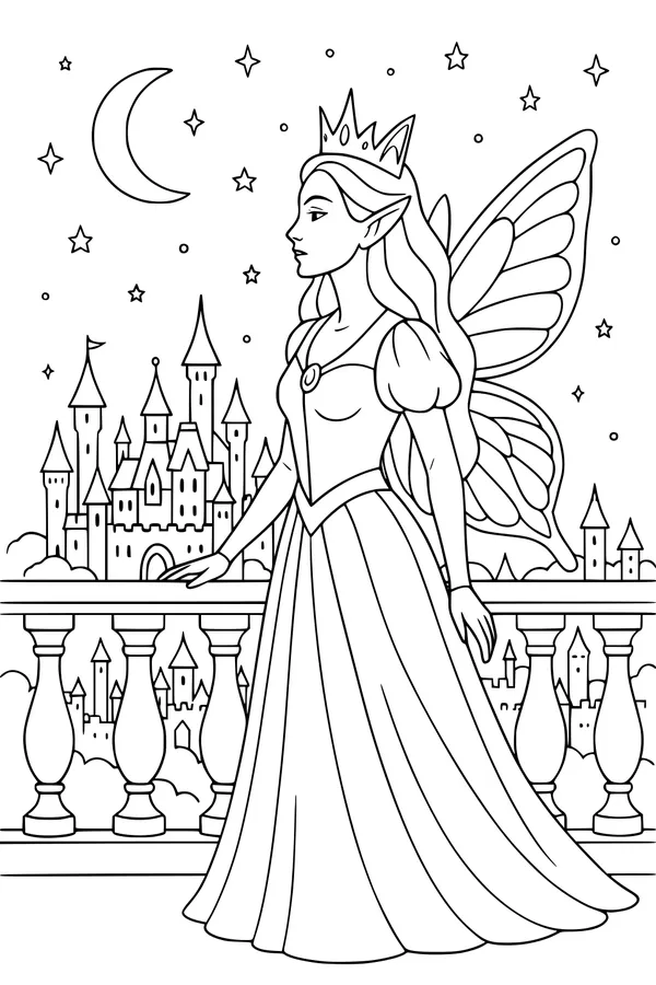 Free Fairy Princess Coloring Page - Moonlit Castle Balcony Scene (Printable PDF)