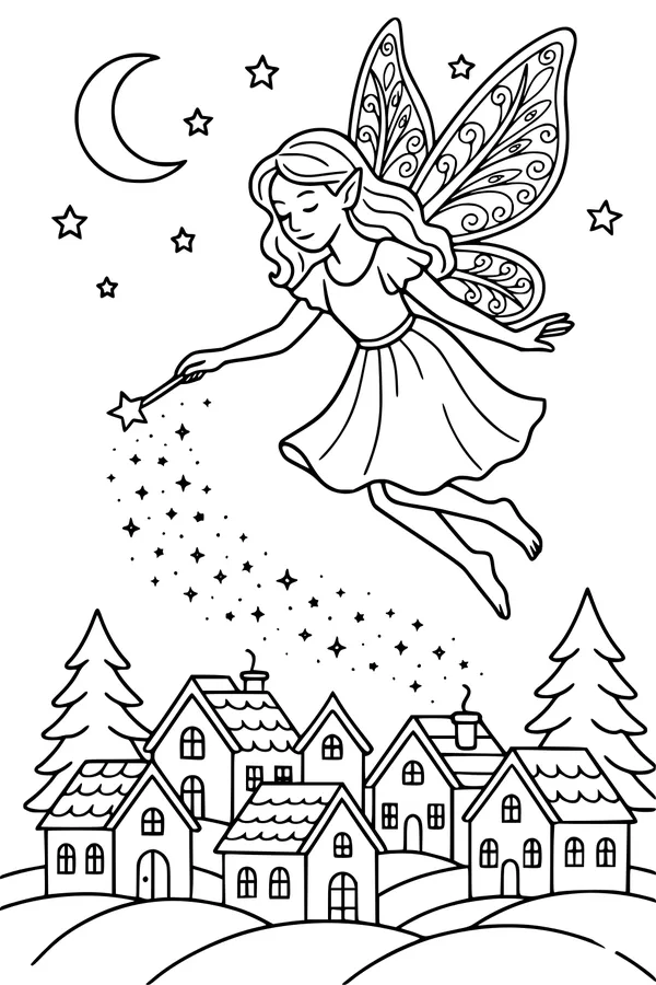 Free Fairy Coloring Page - Moonlight Magic Over Village (Printable PDF)
