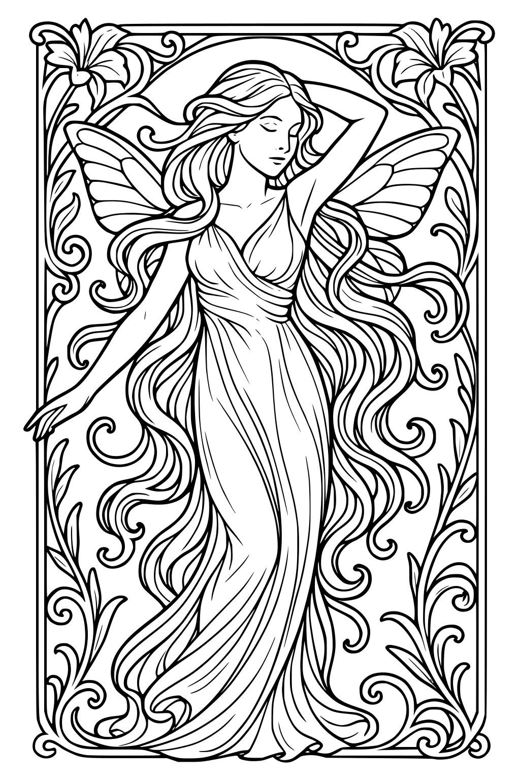 Fairy girl with long wavy hair, butterfly wings, and flowing dress, framed by lilies and curling vines in a border.