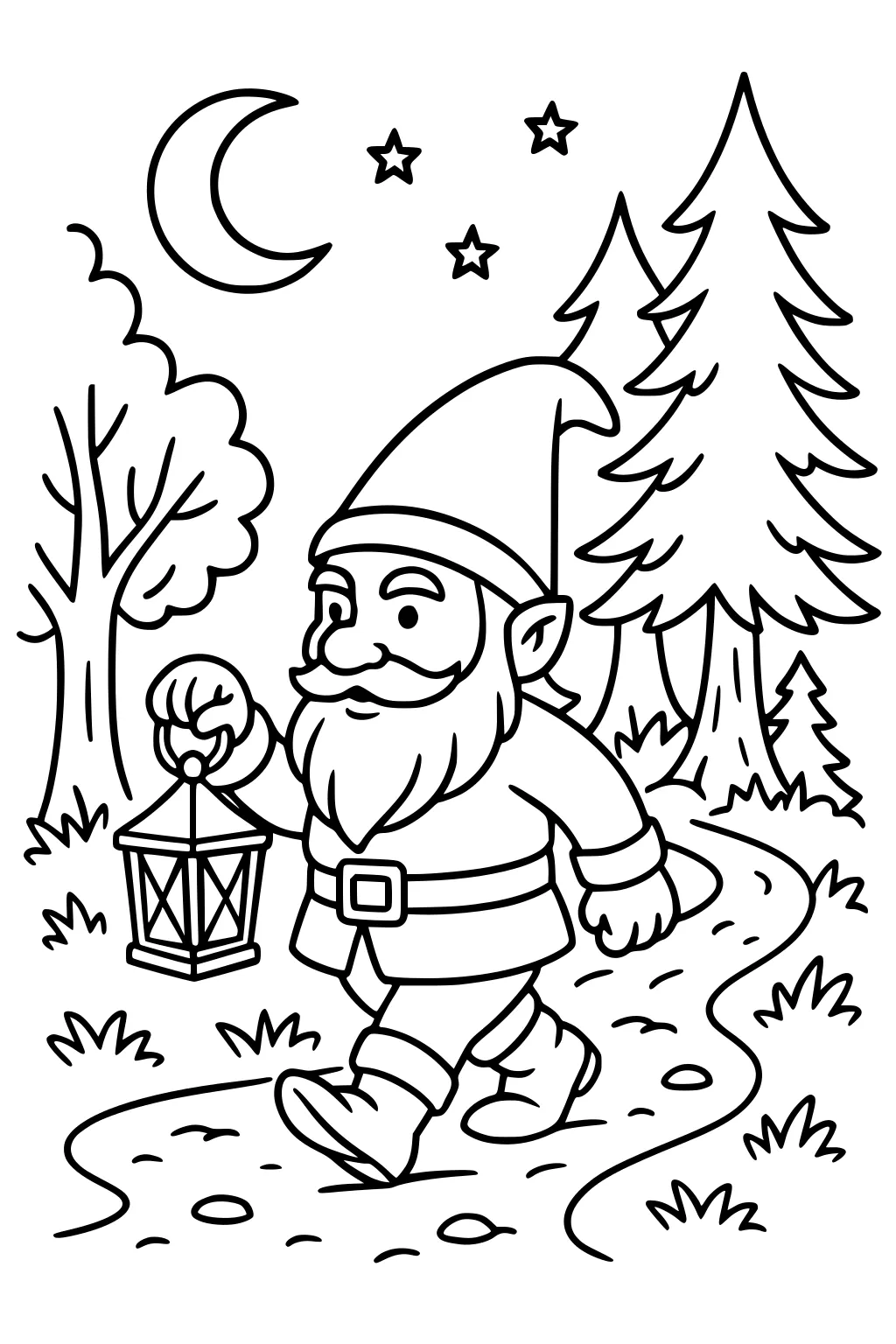Bearded gnome walks on a night forest path, holding a lantern, with crescent moon, three stars, grass, rocks, and tall pine trees.