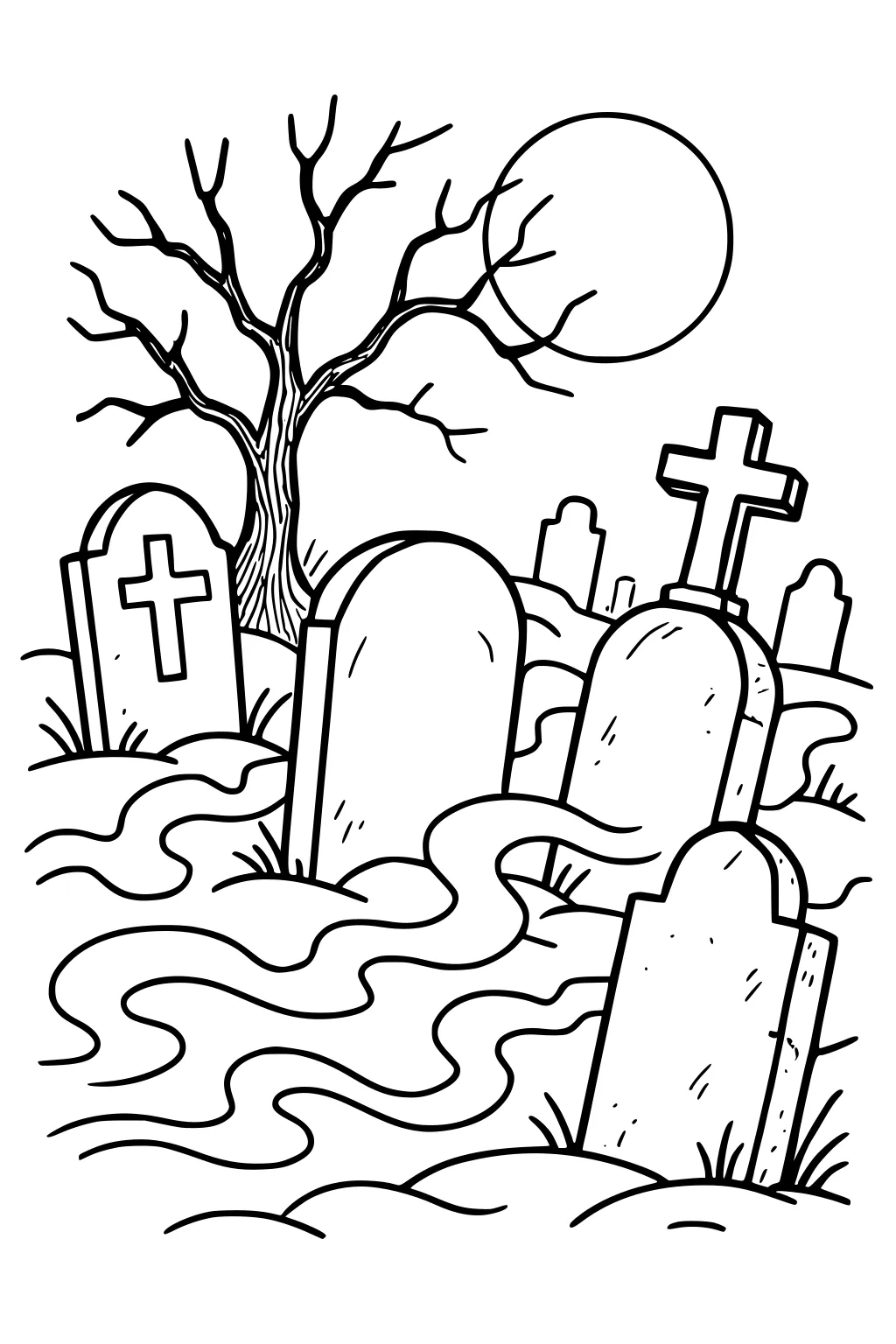 Graveyard with tilted headstones, crosses, swirling fog, a leafless tree, and a big full moon; simple Halloween line art.