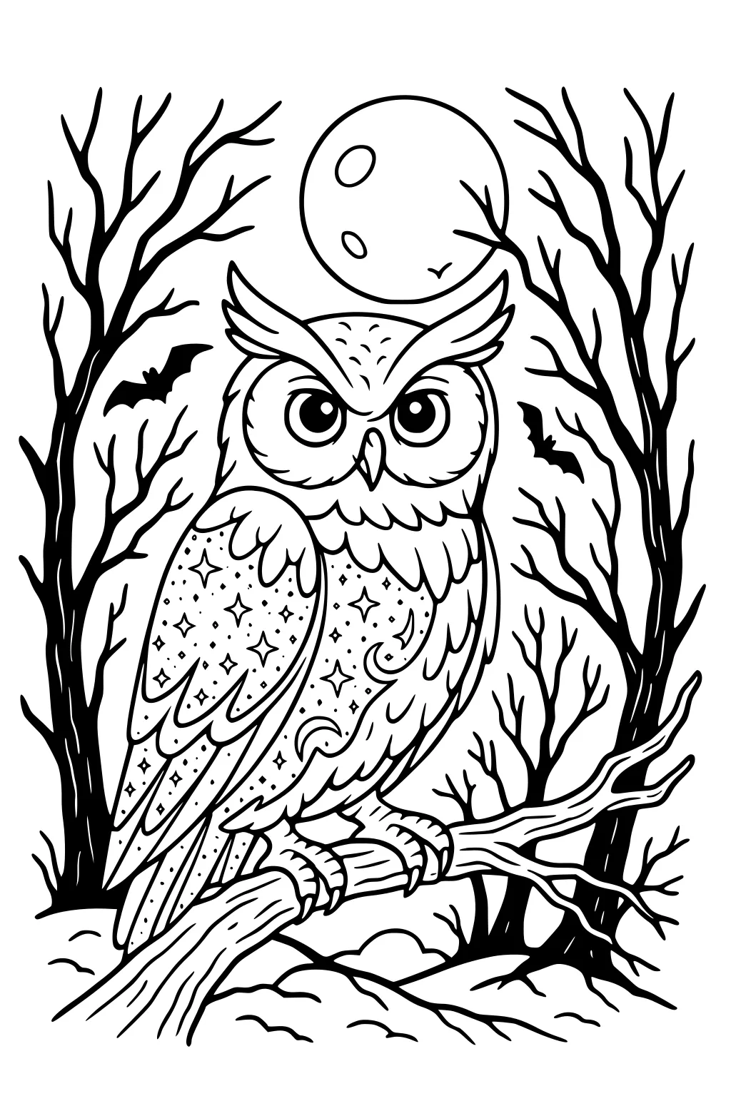 Owl with starry feathers on a branch under a full moon, framed by bare trees with two bats flying in the night sky.