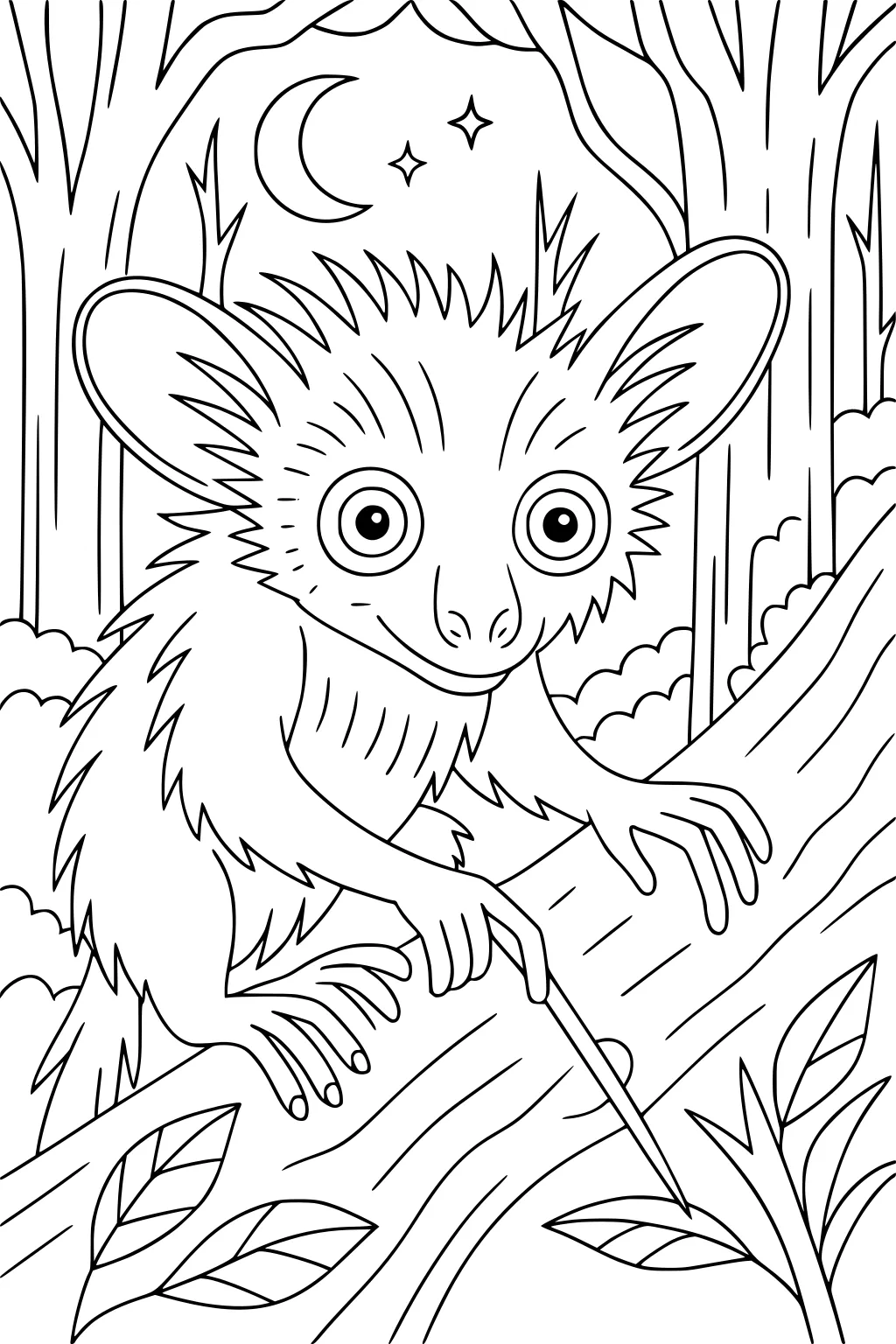 Lemur with large eyes on a tree branch at night under a moon and stars, surrounded by forest trees and leaves.