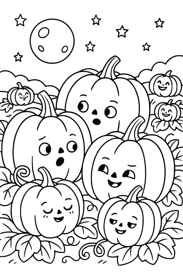 Free Pumpkin Patch Coloring Page - Funny Faces Under a Moonlit Sky (Printable PDF)