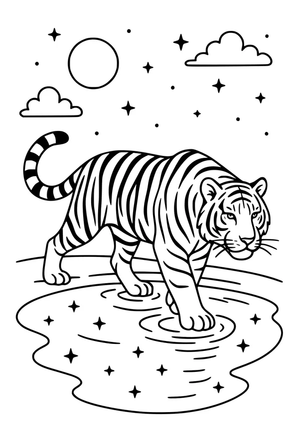 Free Tiger Coloring Page - Nighttime Walk Under Starry Moon (Printable PDF)