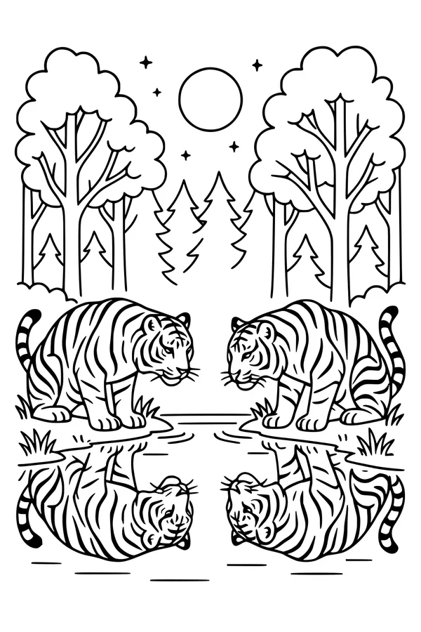 Free Tiger Coloring Page - Two Tigers at Forest Pond (Printable PDF)