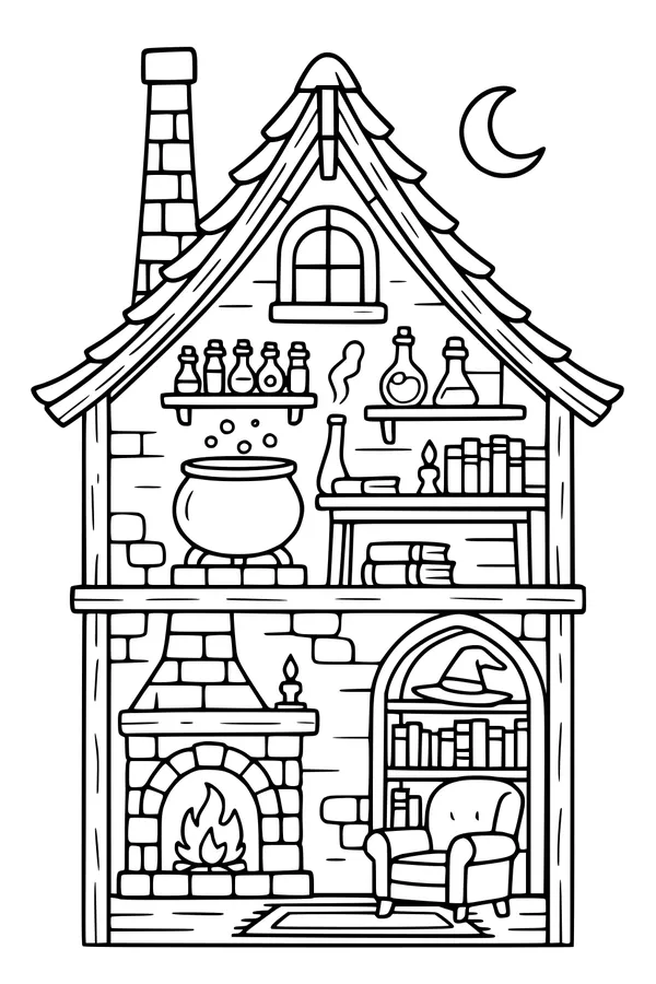 Free Witch Cottage Coloring Page - Moonlit Cauldron Room Cutaway (Printable PDF)