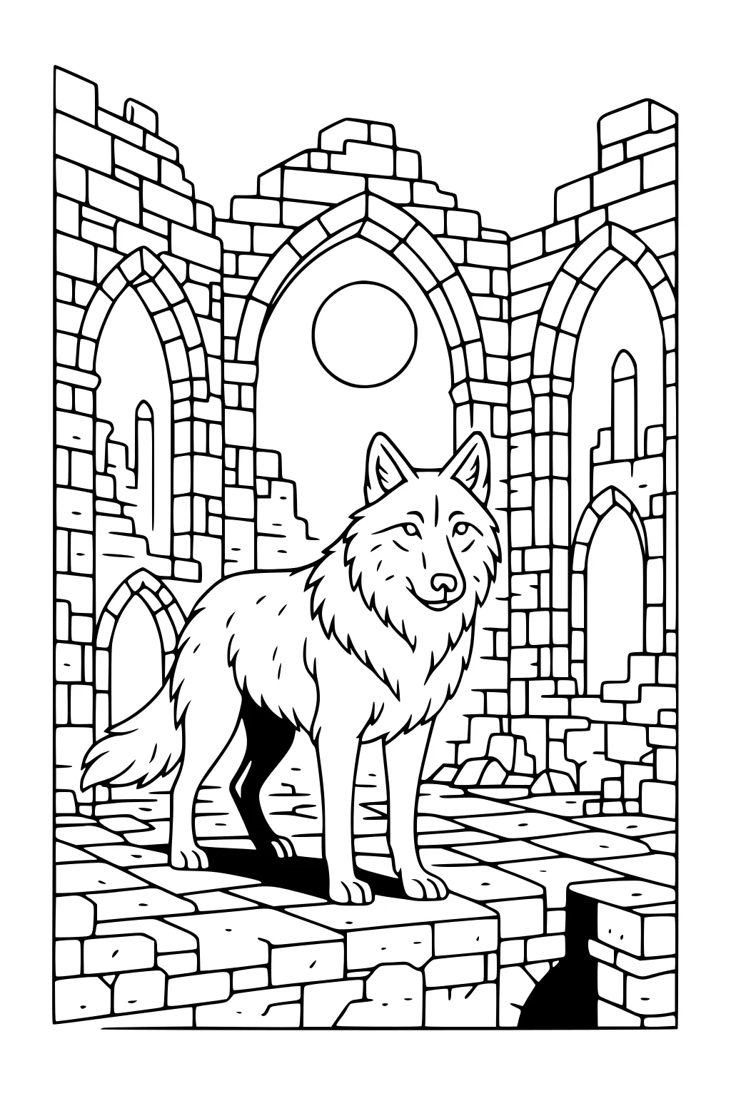 Wolf standing on stone floor in ruined castle with tall arched windows and round moon overhead, outlined for coloring.