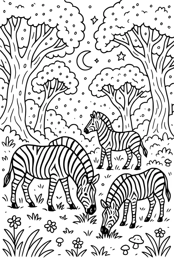 Free Zebra Coloring Page - Moonlit Savanna Meadow Scene (Printable PDF)