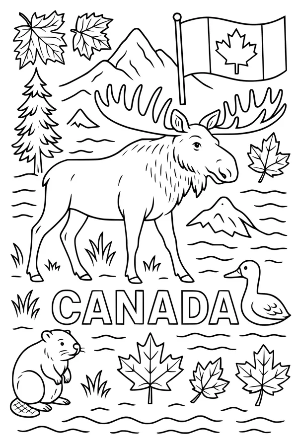 Free Moose Coloring Page - Canadian Lake Adventure Scene (Printable PDF)
