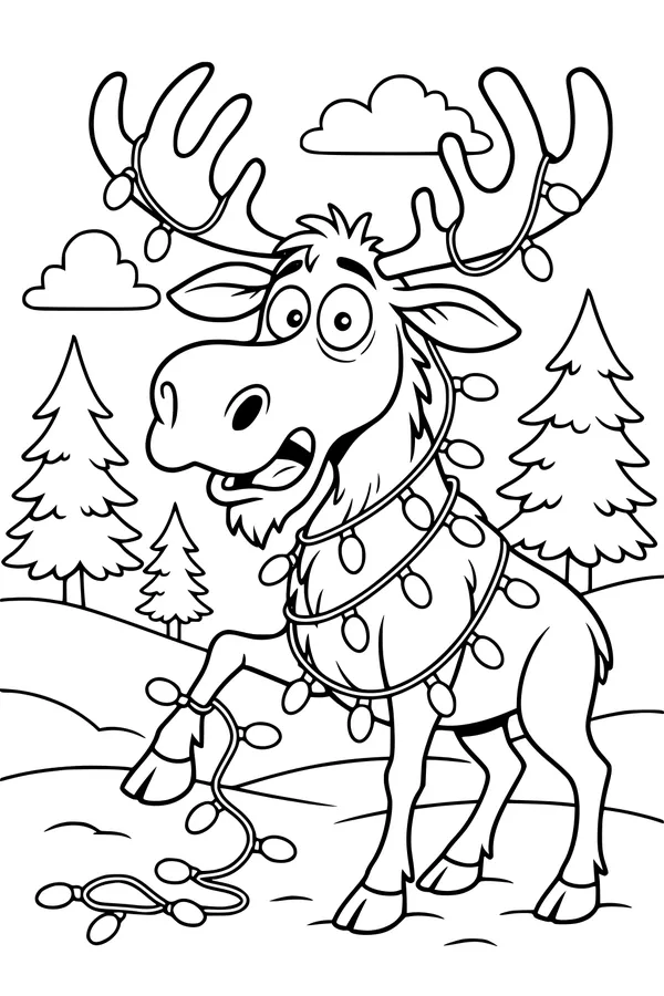 Free Moose Coloring Page - Tangled Christmas Lights in Snowy Forest (Printable PDF)