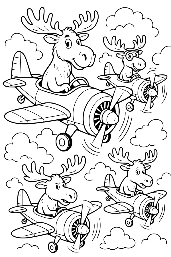 Free Moose Coloring Page - Cartoon Moose Pilots in Vintage Airplanes (Printable PDF)