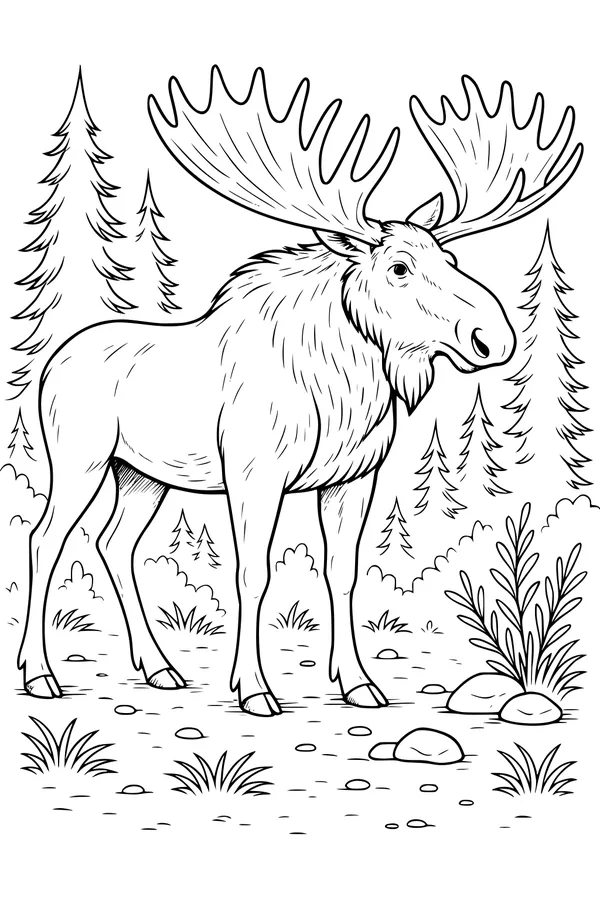 Free Moose Coloring Page - Big Antlers in Pine Forest Clearing (Printable PDF)