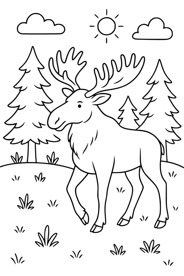 Free Moose Coloring Page - Strolling In A Sunny Forest Clearing (Printable PDF)