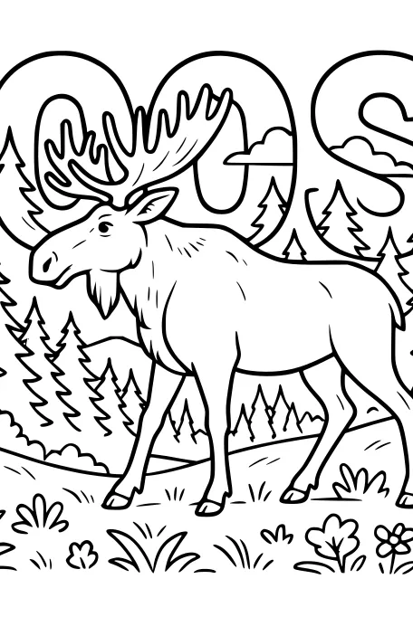 Free Moose Coloring Page - Strolling Through Pine Forest (Printable PDF)