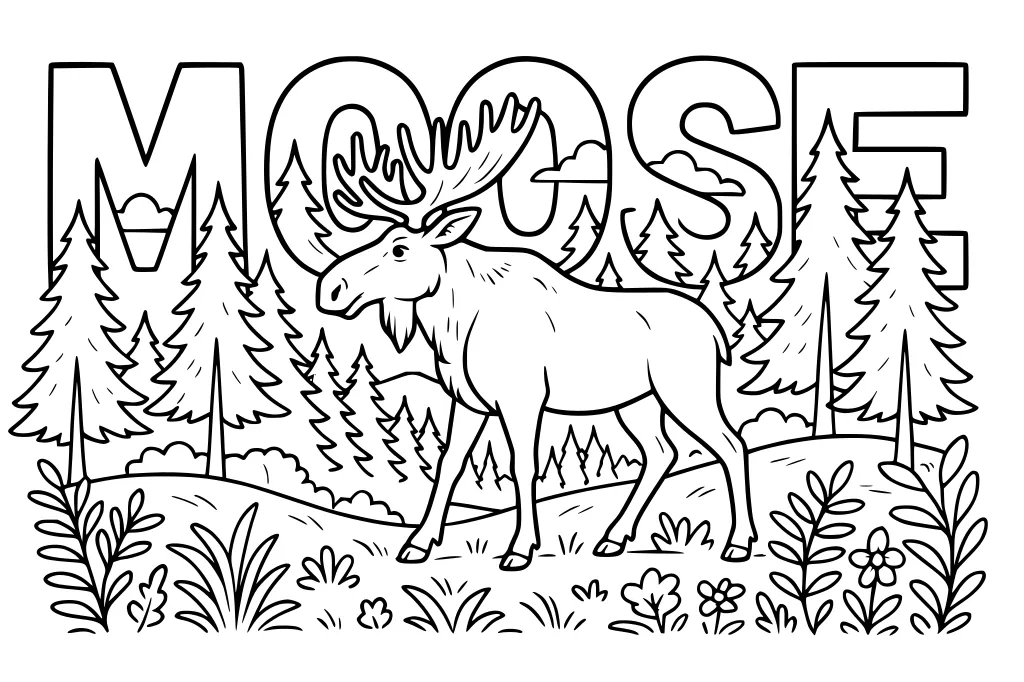 Moose with large antlers in a pine forest, grass, flowers, and big MOOSE letters in the background.