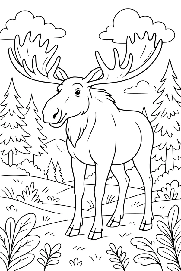 Free Moose Coloring Page - Big Antlers in Pine Forest (Printable PDF)