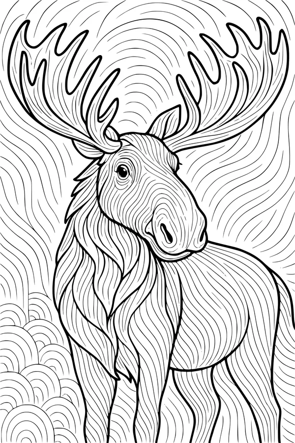 Free Moose Coloring Page - Gentle Moose With Swirly Antlers (Printable PDF)